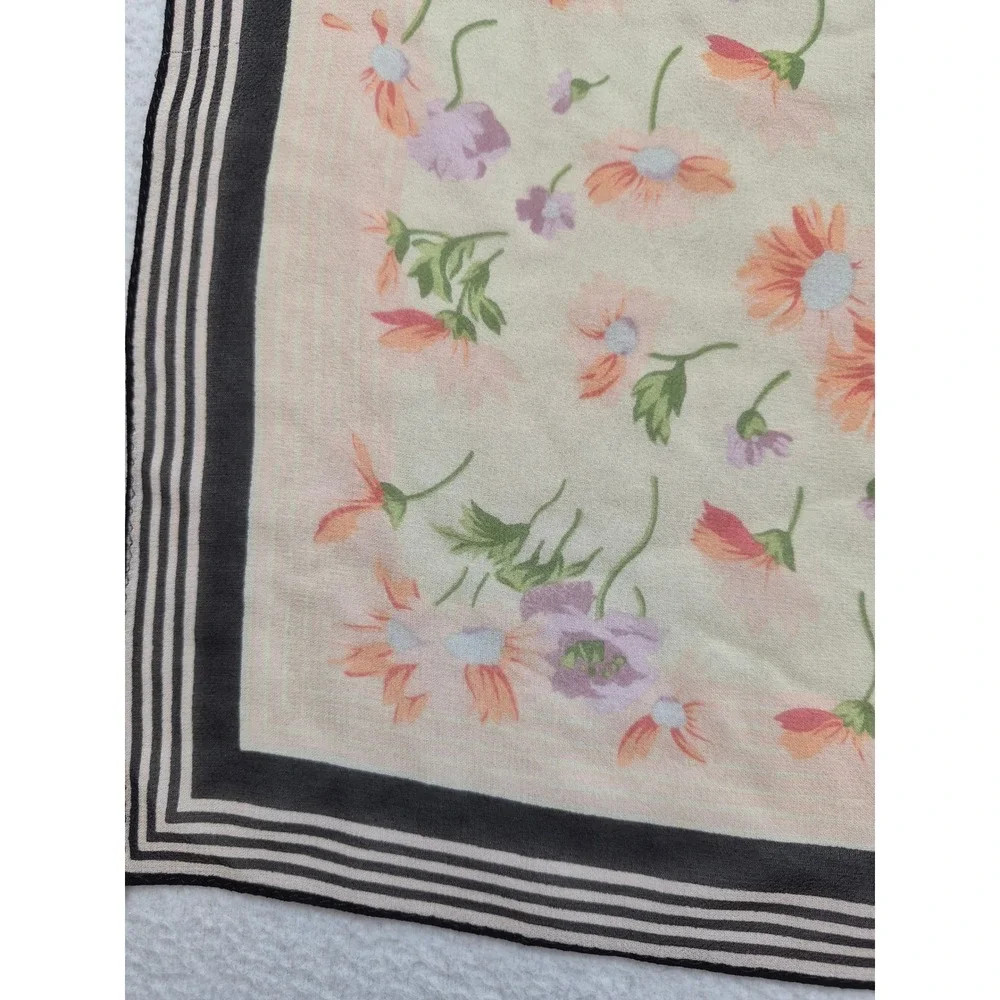 Lauren Ralph Lauren Silk Square Scarf Floral Black Striped Border 21x21 Cottage